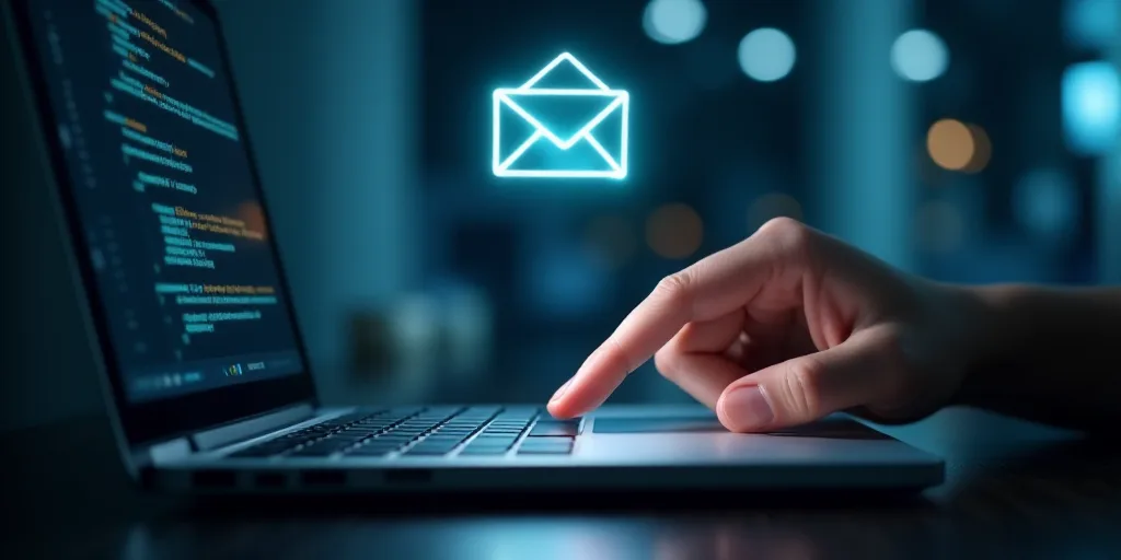 a person touching a button on a laptop with a mail icon above it and a hand touching a button on a l