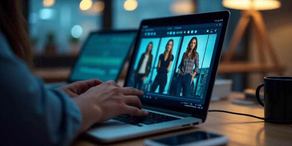 a person touching a laptop with a group of people on the screen behind them on a table with a laptop