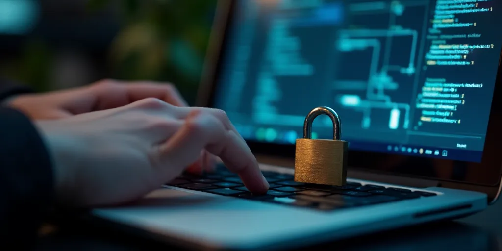a person typing on a laptop with a padlock on it's keyboard and a hand touching the keyboard, Andrie