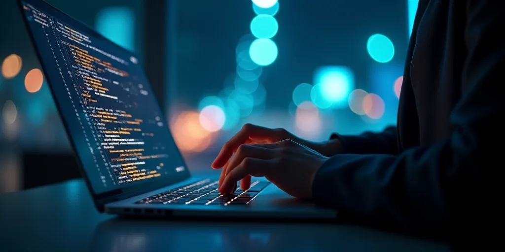a person typing on a laptop with a blurry background of lights and snowflakes on the screen, Andries