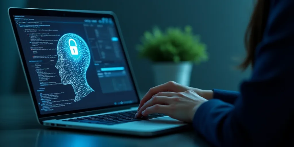 a person using a laptop with a graphic of a head on it and a key to unlock a person, Ai-Mitsu, cyber