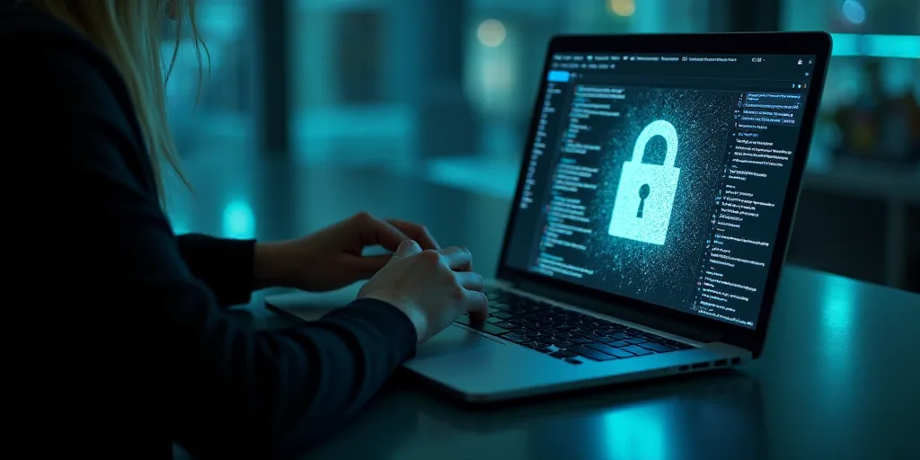 a person using a laptop with a padlock on the screen and a padlock on the keyboard,, Evelyn Abelson,