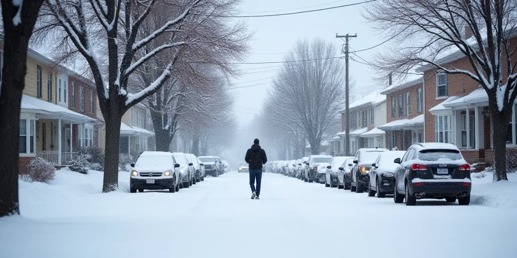 a person walking down a snow covered street in a neighborhood with parked cars and a few buildings o
