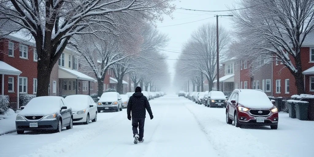 a person walking down a snow covered street in a neighborhood with parked cars and a few buildings o