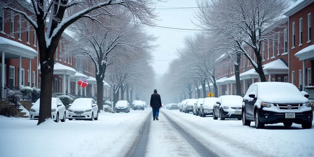 a person walking down a snow covered street in a neighborhood with parked cars and a few buildings o
