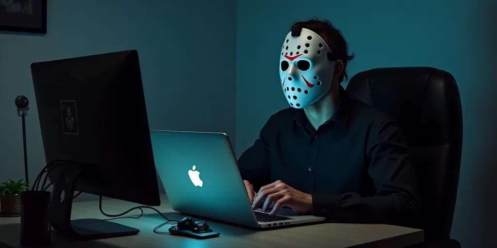 a person wearing a ghost mask sitting at a desk with a laptop computer in front of them and a monito