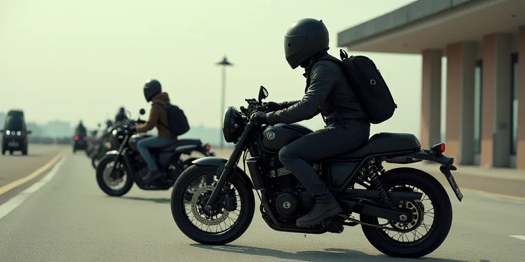 a person wearing a helmet and carrying a bag on a motorcycle with other bikes behind them and a buil