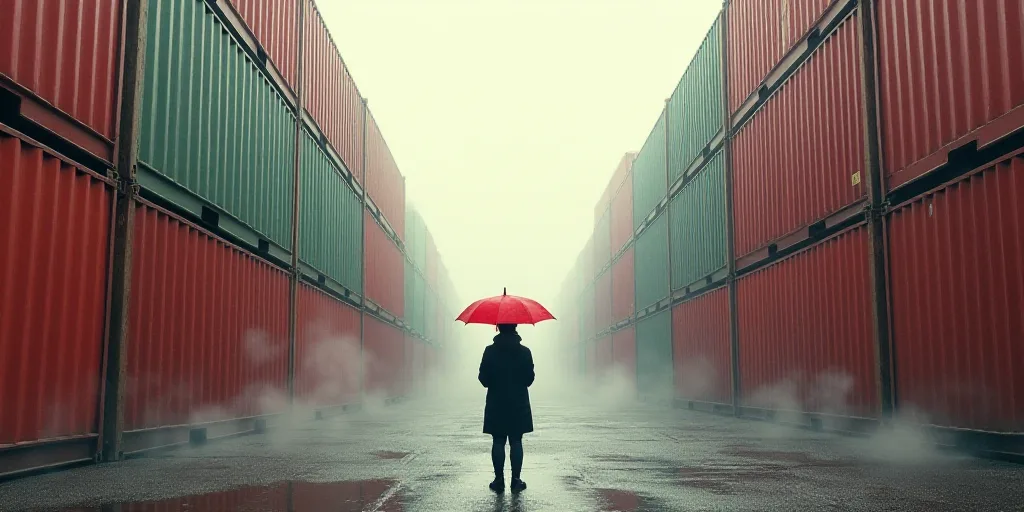 a person with an umbrella standing in front of a large container yard with many containers on it's s