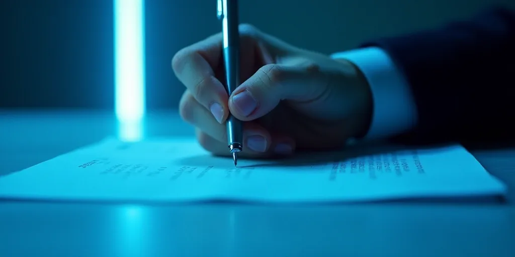 a person writing on a piece of paper with a pen in it and a blue background with a line of light, Ed