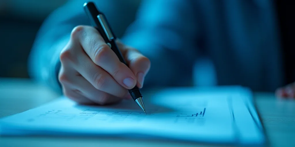 a person writing on a piece of paper with a pen in it and a blue background with a line of light, Ed