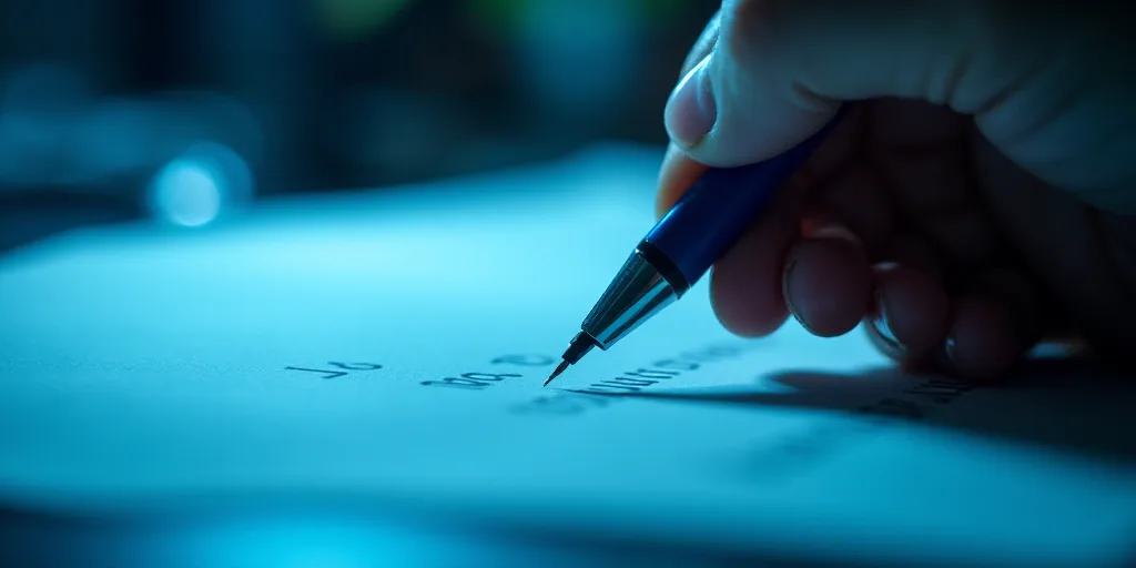 a person writing on a piece of paper with a pen in it and a blue background with a line of light, Ed