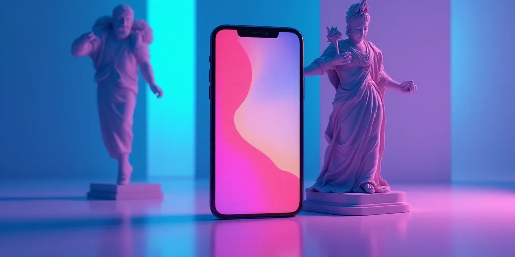 a phone and a cell phone with a statue in the background and a phone with a blue and purple backgrou