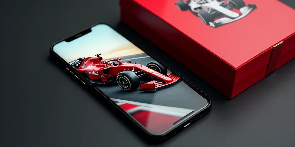 a phone with a picture of a racing car on it next to a box of formula one team memorabilia, Bernard