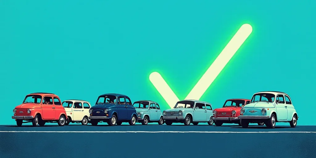 a picture of a lot of cars on the road with a blue background and a green and white check mark, Éva