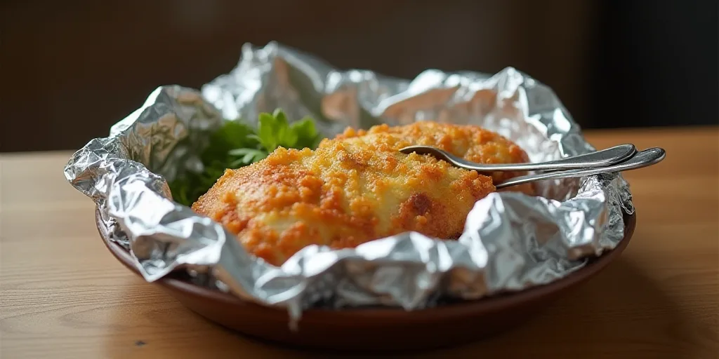 a piece of food wrapped in foil on a table top with a knife and fork in it, on a wooden surface, Cao