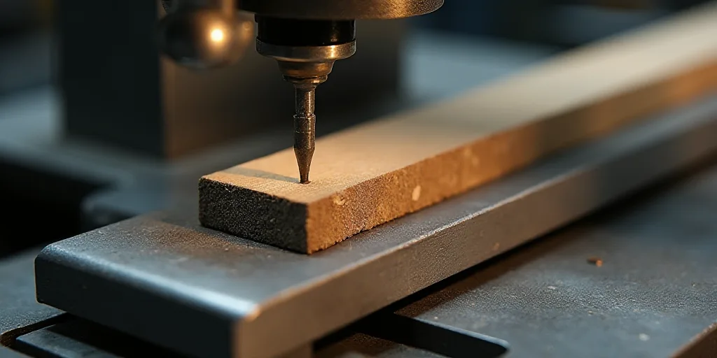 a piece of metal being made with a machine tool and a piece of wood on top of it with a metal object