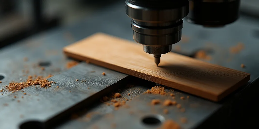 a piece of metal being made with a machine tool and a piece of wood on top of it with a metal object