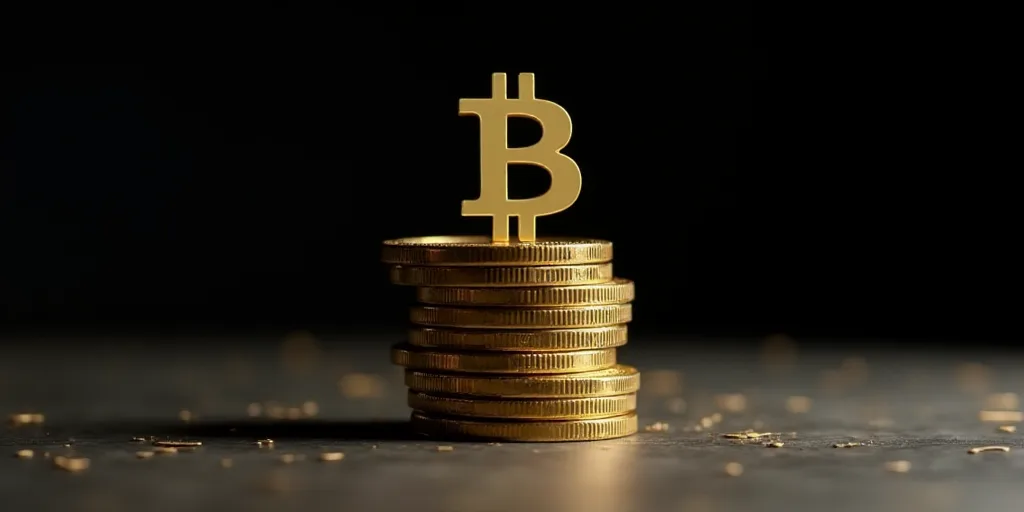 a pile of bitcoins sitting on top of each other on a table with a black background and a bitcoin sym