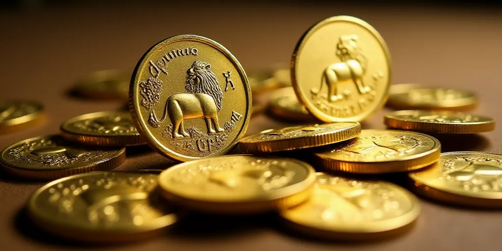 a pile of coins with a picture of a lion on the front of it and a picture of a lion on the back of t