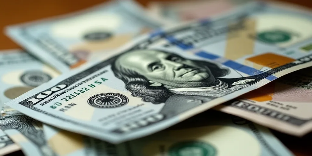 a pile of different bills with a lot of money on top of it, including one hundred dollars and one hu