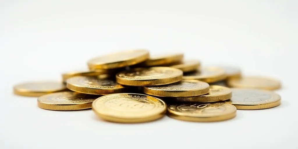 a pile of gold and silver coins on a white surface with a white background and a white background wi