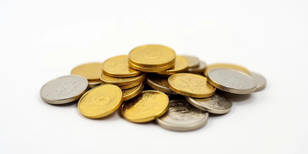 a pile of gold and silver coins on a white surface with a white background and a white background wi