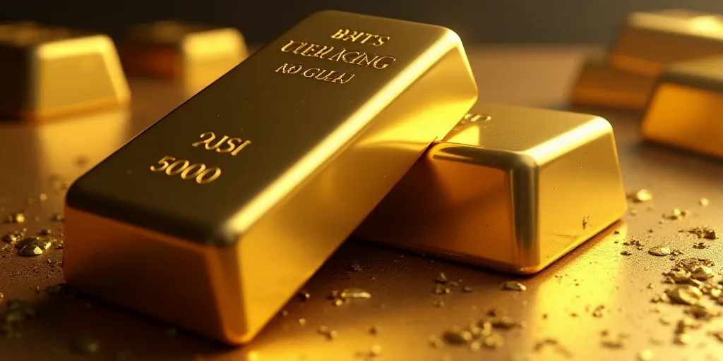 a pile of gold bars sitting next to each other on a table with other gold bars in the background, En