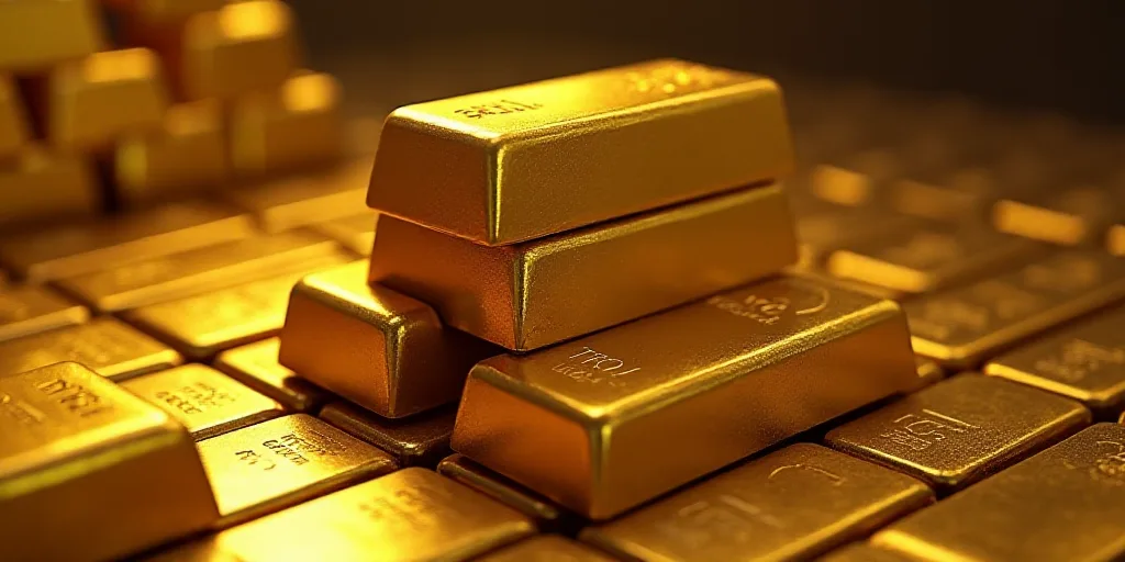 a pile of gold bars sitting on top of each other on a table next to stacks of other gold bars, Engue