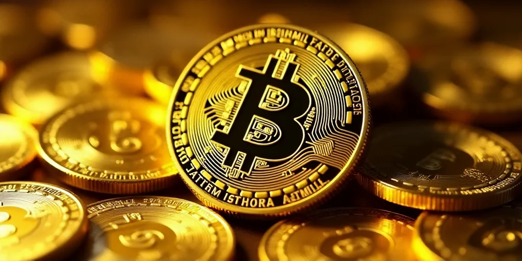 a pile of gold bitcoins sitting on top of each other in a pile of gold coins with bitcoins on top, A