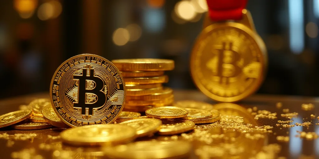 a pile of gold coins and a gold medal on display in a store window display case with a gold medal, E