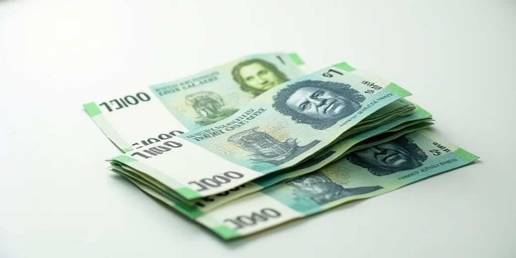 a pile of mexican currency sitting on top of each other on a table top with a white background and a