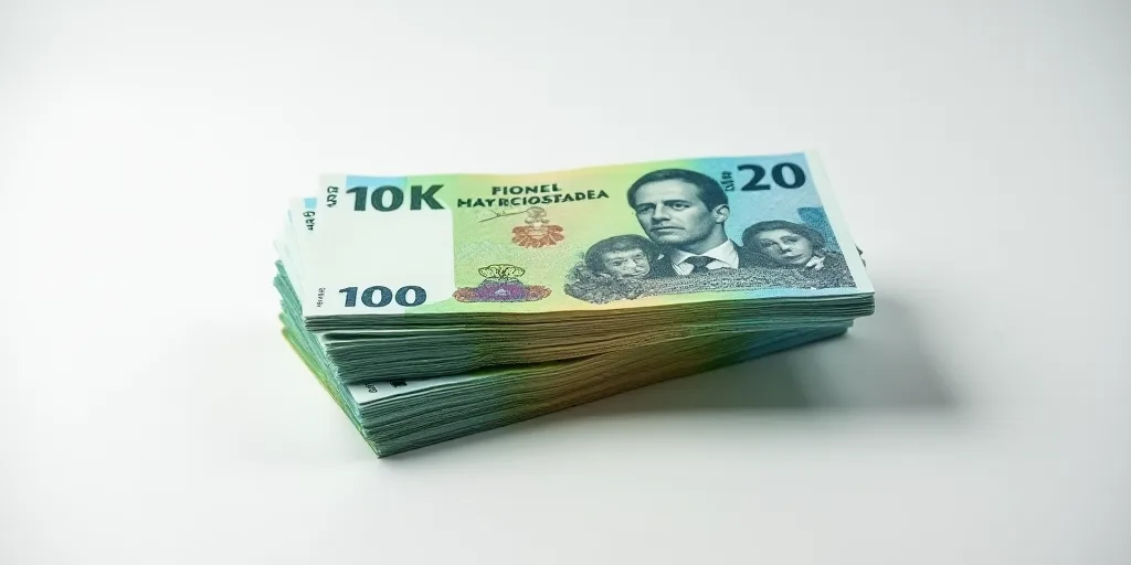 a pile of mexican currency sitting on top of each other on a table top with a white background and a