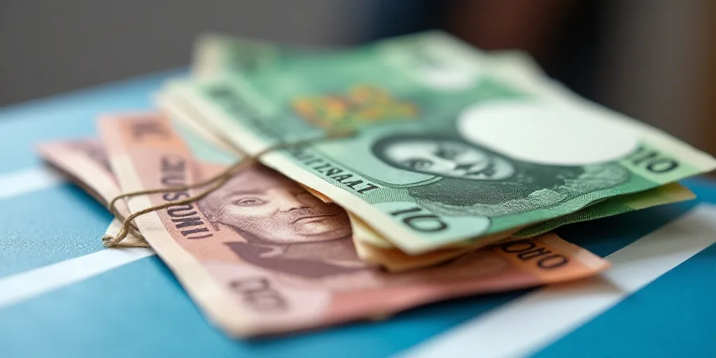 a pile of mexican currency sitting on top of each other on a table top with a blue and white stripe,