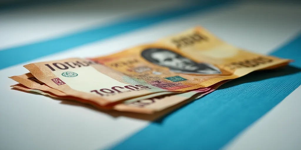 a pile of mexican currency sitting on top of each other on a table top with a blue and white stripe,