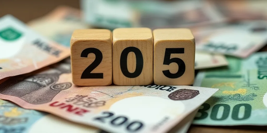 a pile of mexican currency with a wooden block spelling the numbers 205 and 205 on it, with a wooden