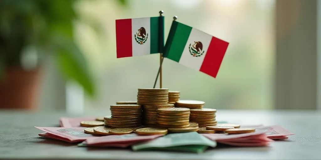 a pile of mexican currency with a flag sticking out of it and a pile of coins on top of it, Aquirax