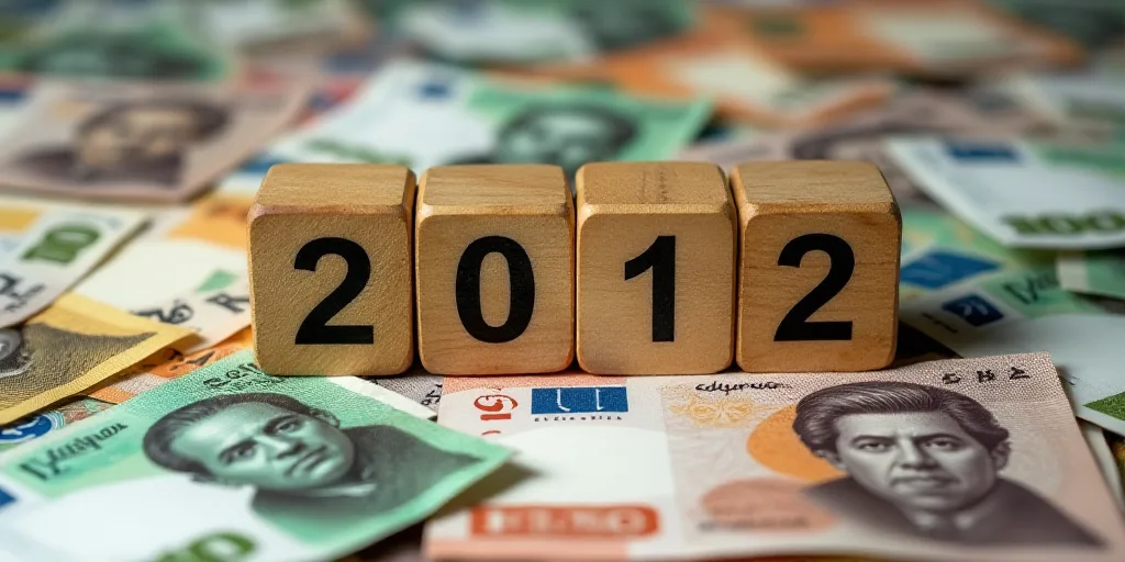 a pile of mexican currency with a wooden block spelling the numbers 2012 and a wooden block with a p