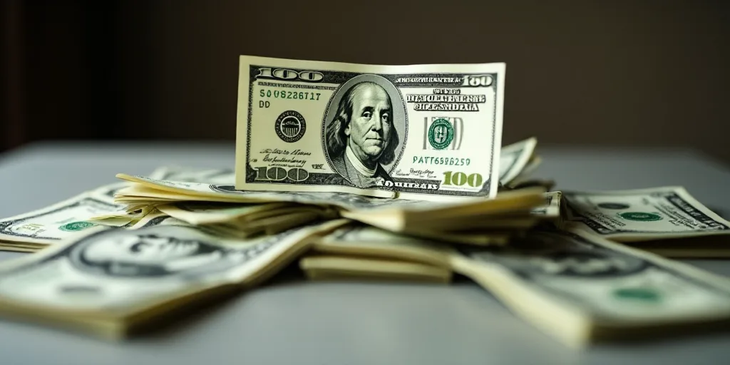 a pile of money with a one dollar bill sticking out of it's center and a one dollar bill sticking ou