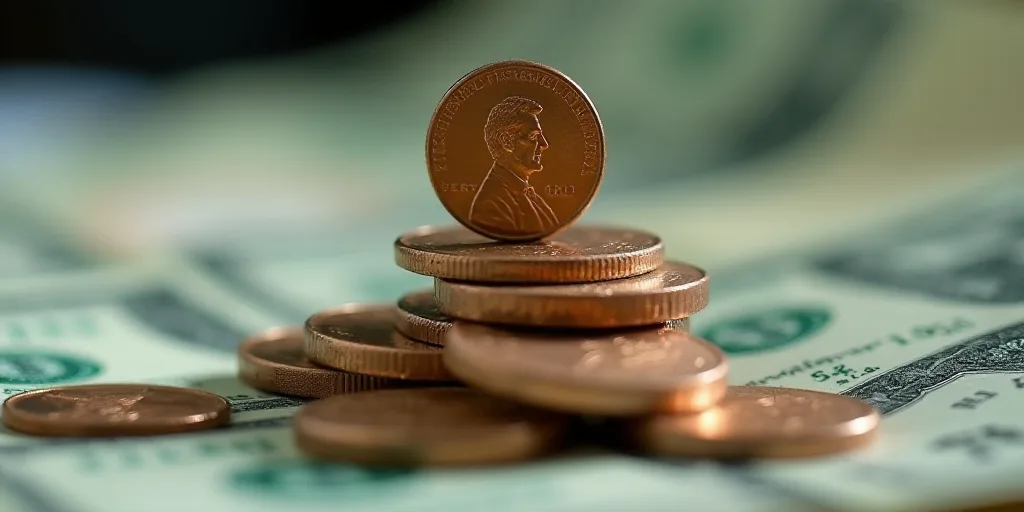 a pile of money with a penny on top of it and a coin on the bottom of the pile, Enguerrand Quarton,