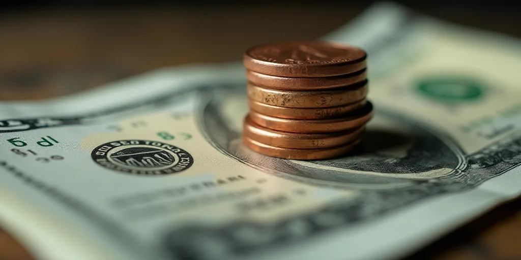 a pile of money with a penny on top of it and a coin on the bottom of the pile, Enguerrand Quarton,