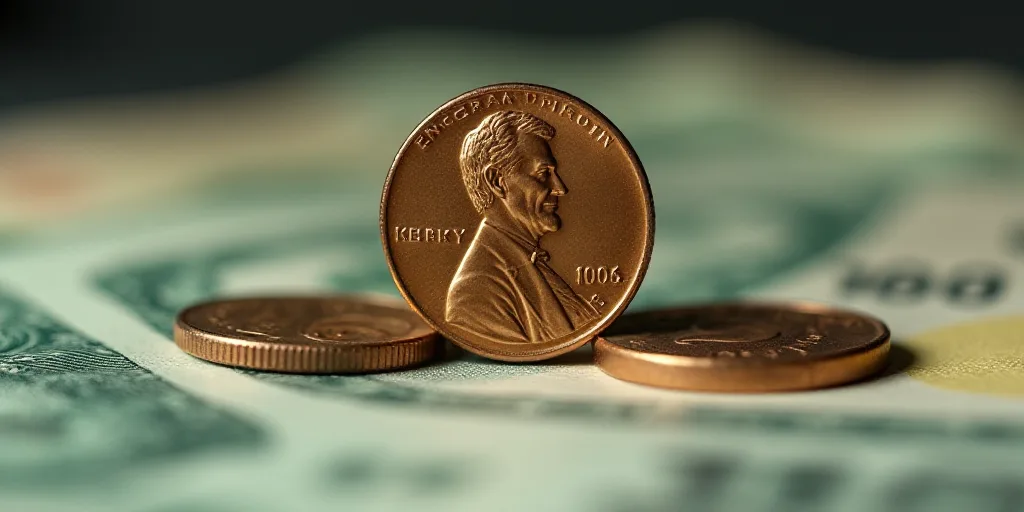 a pile of money with a penny on top of it and a coin on the bottom of the pile, Enguerrand Quarton,