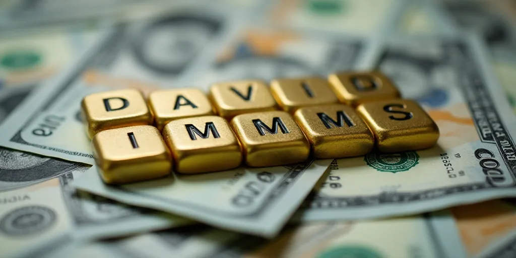a pile of money with a word made out of small blocks of gold and silver on top of it, David Imms, in