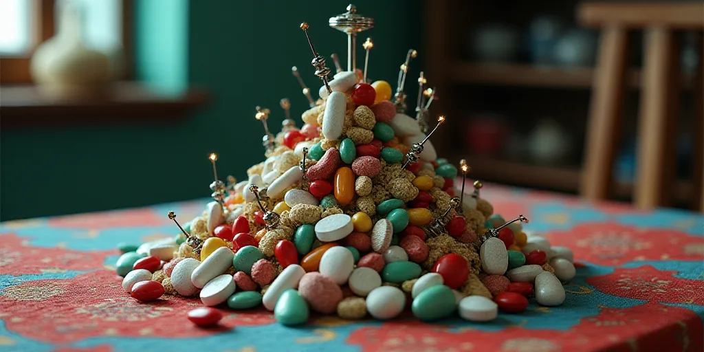a pile of pills and contraptions sitting on top of each other on a table top with a red and blue tab