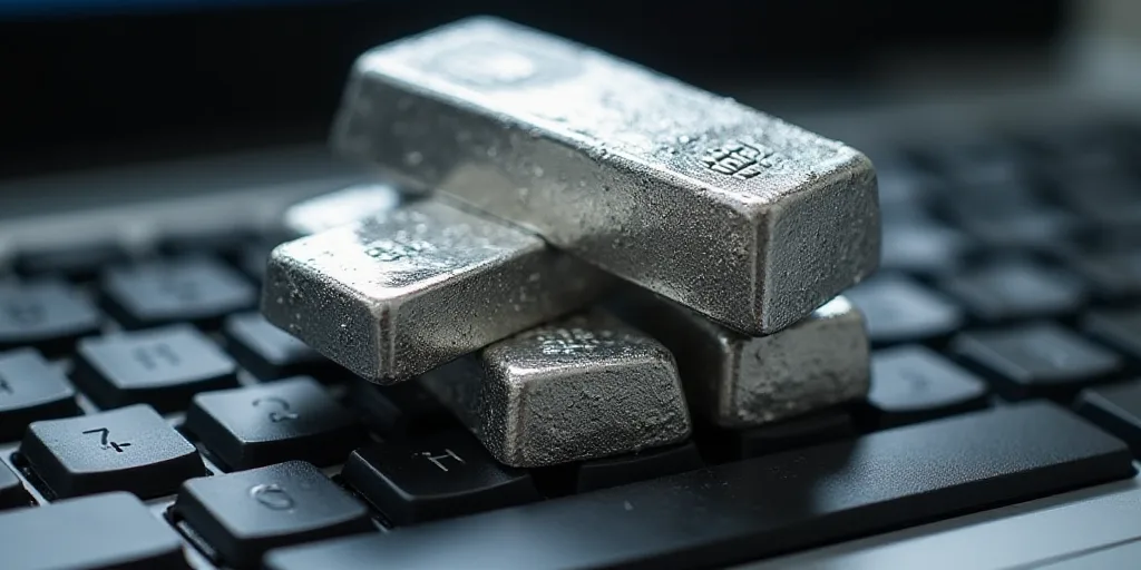 a pile of silver bars sitting on top of a keyboard with a bunch of other silver bars on top of it, A