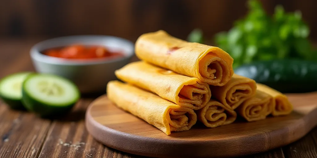 a pile of tamales sitting on top of a wooden cutting board next to a bowl of salsa and a cucumber, C