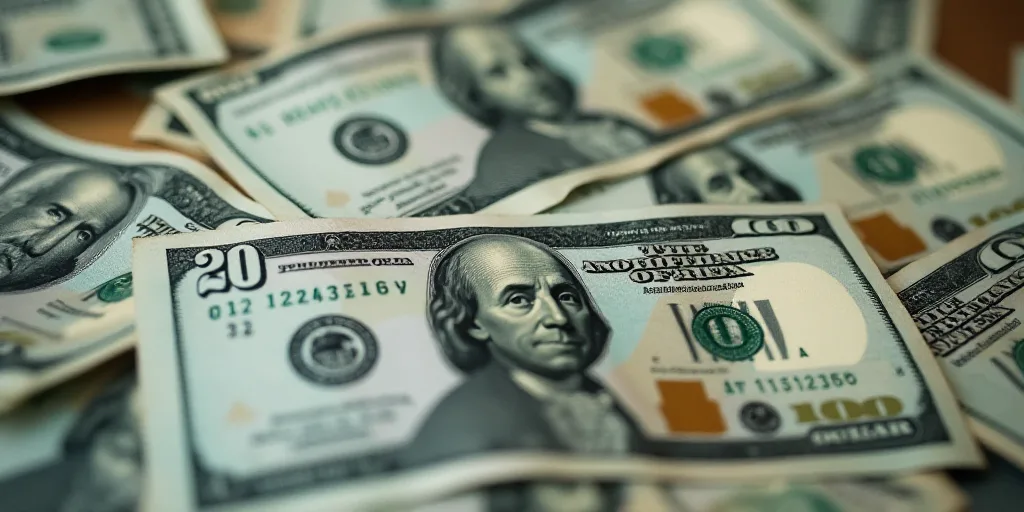 a pile of twenty dollar bills with a picture of a man on one of them and a picture of a woman on the