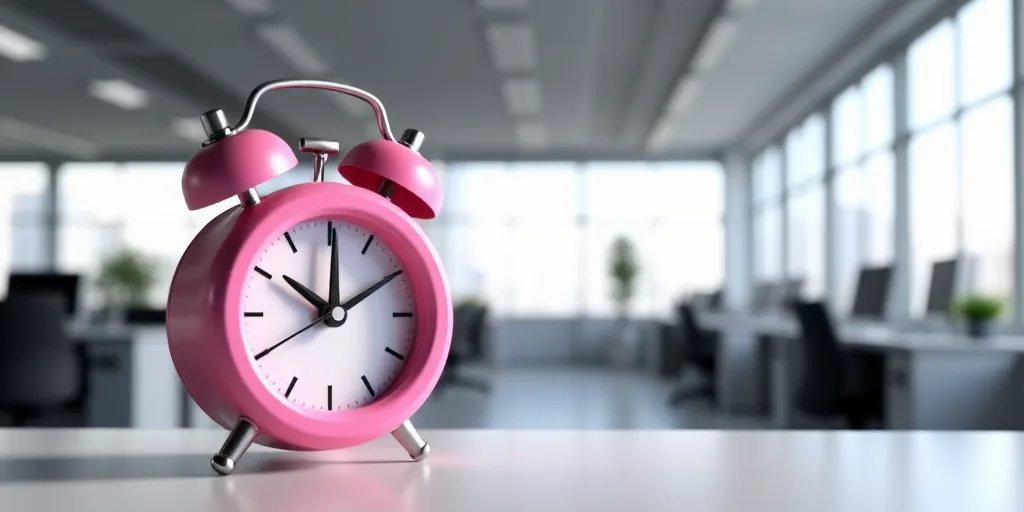a pink alarm clock sitting on top of a table in an office building with cubicles in the background,