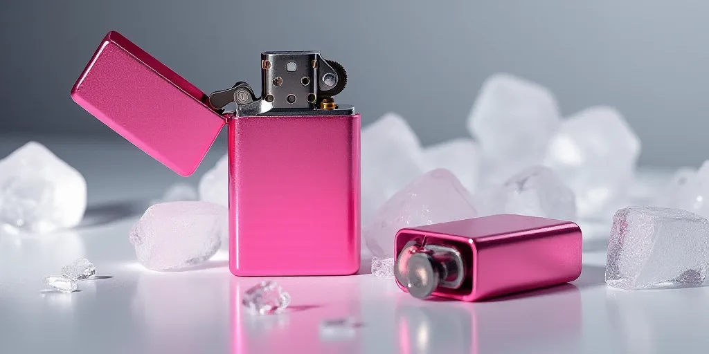 a pink lighter and a pink lighter on a table with ice and a pink lighter on it's side, Évariste Vit