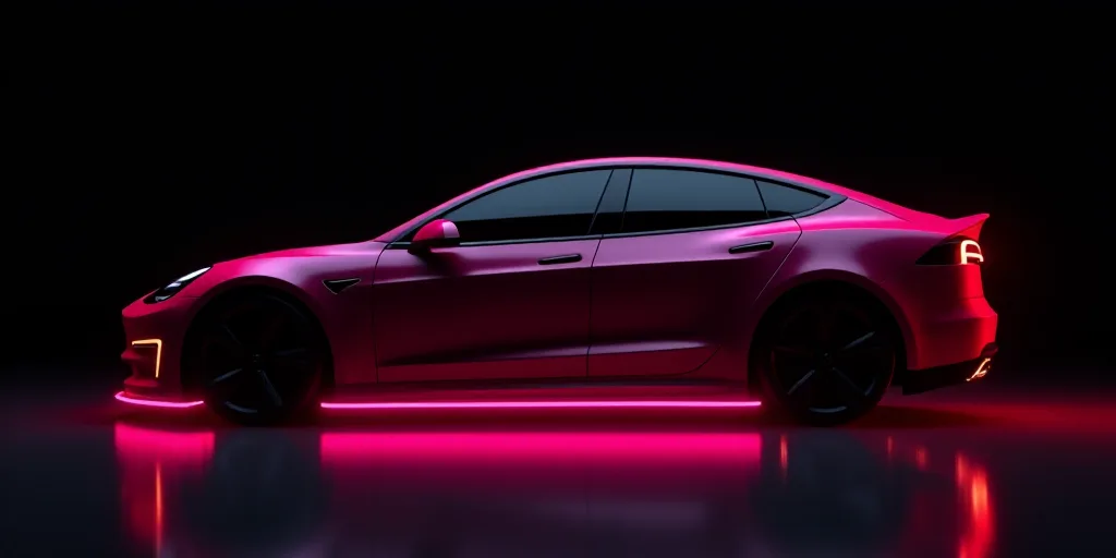 a pink tesla logo on a black background with a pink glow on it's side and a red tesla logo on the si