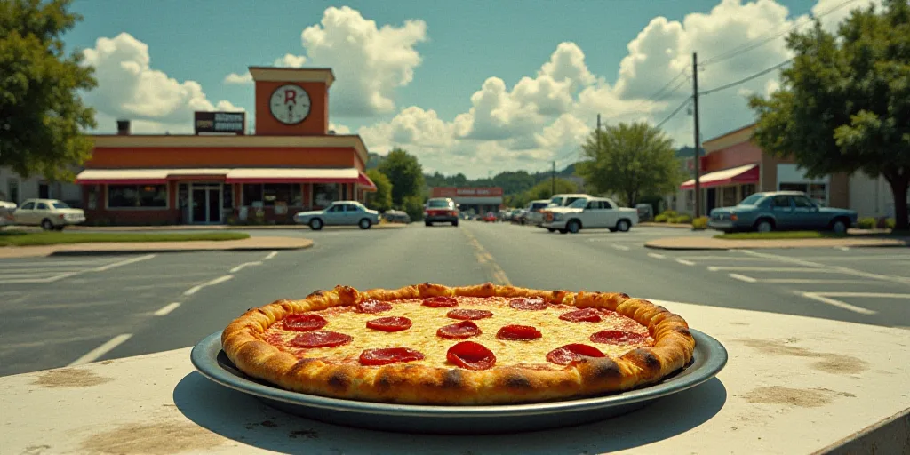 a pizza sitting on top of a pan on top of a table next to a building and a parking lot, Arlington Ne